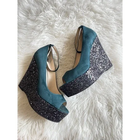 Boutique 9 Women’s Size 10 Sparkle platform Wedge Shoes Peep toe Heels - Picture 3 of 11